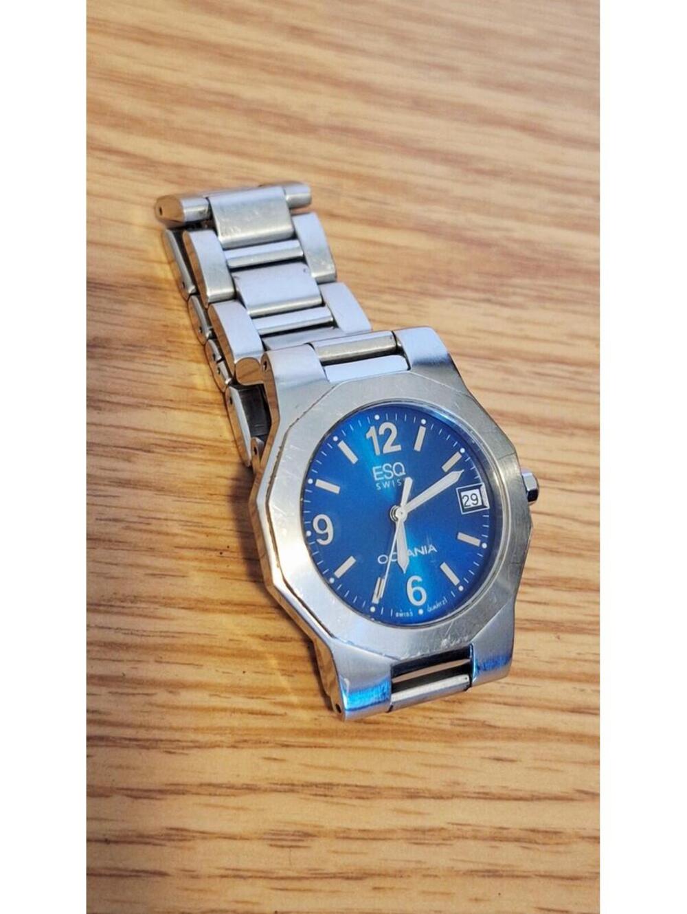Men's ESQ Swiss Movado 45mm Stainless Steel Blue Textured Date Dial Watch WORKS